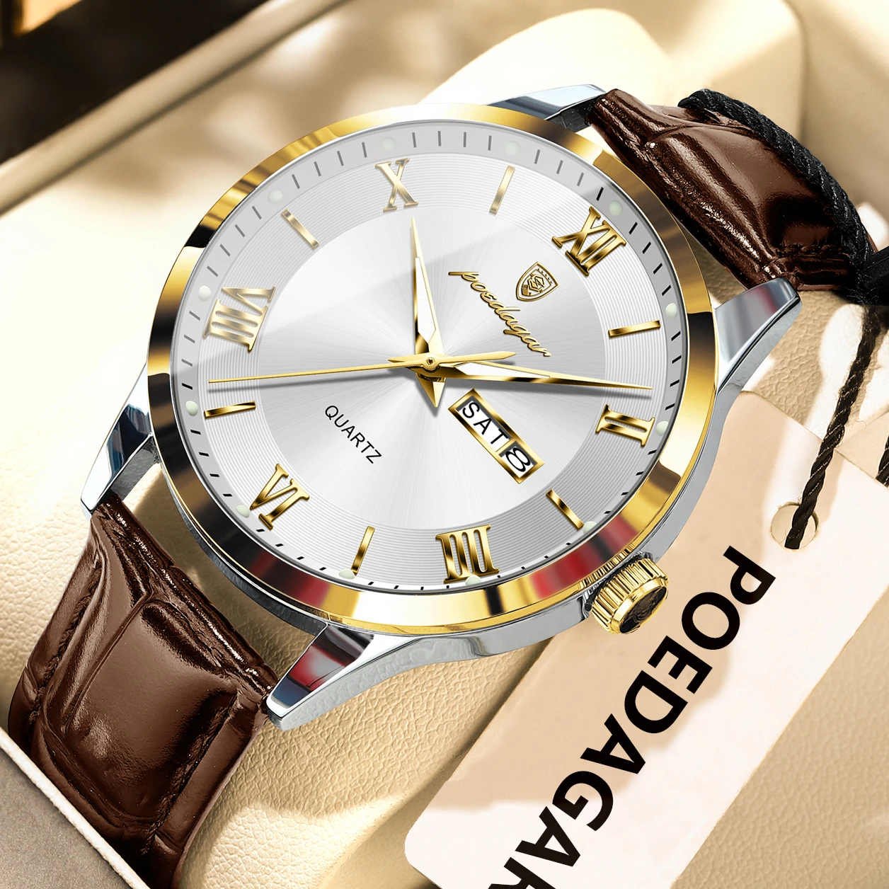 POEDAGAR Trendy Luxury Men Wristwatch Leather Waterproof Luminous Date Week Man Watch Business Casual Men's Quartz Watches Reloj