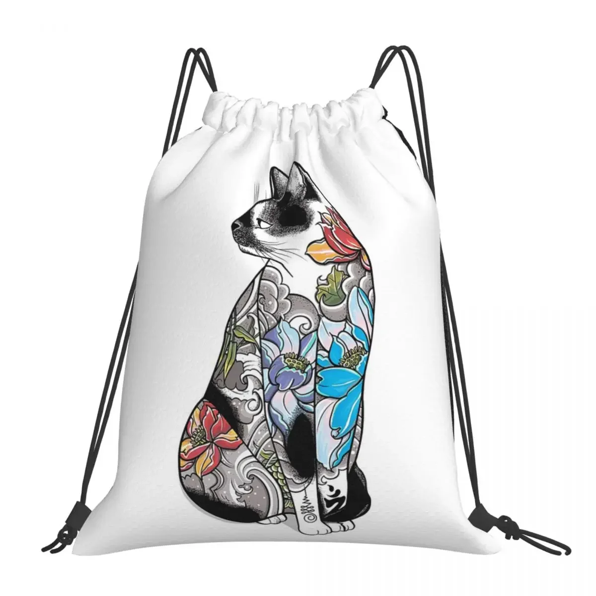 Cat In Lotus Tattoo Backpacks Portable Drawstring Bags Drawstring Bundle Pocket Sports Bag BookBag For Man Woman School