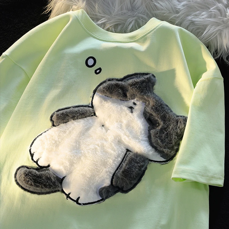 2024 Summer New Cartoon Cat Women's T-shirt Korean Simple Casual Women's Short Sleeve T-shirt Fun Sweet Cute Y2K Tops