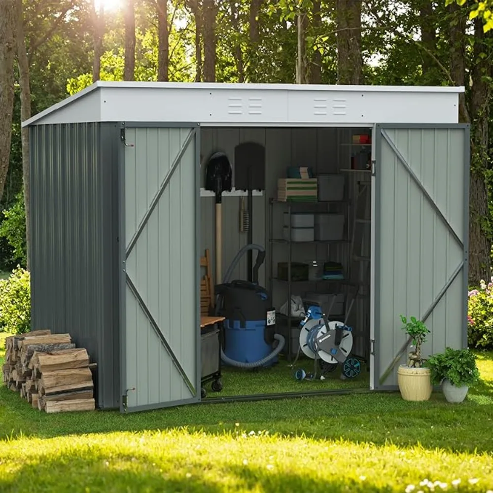 

Outdoor Storage Shed 8x6FT All Weather Metal Garden Shed with Lockable Double Doors for Garden Tools,Toys and Sundries,Gray