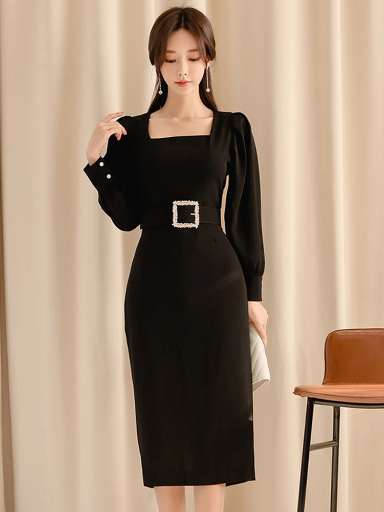 

Spring Autumn Ladies Business Formal Black Long Dresses Women Mujer Elegant Office Commute Square Collar Slim Dress Robe Vestido