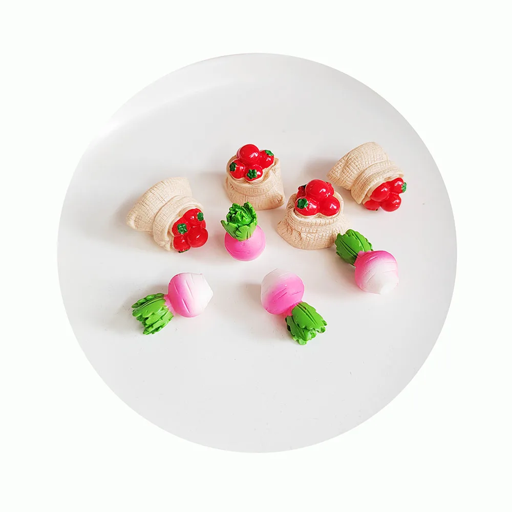 Mini 3D Flat Back Resin Charms Vegetable Radish Fruits Tomato Basket Ornament Food Micro Landscape Dolls Slime Crafts