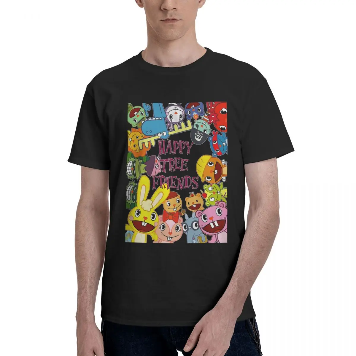 

Novelty Men's T-shirt Limited Edition S Black Round Neck Pure Cotton Happy Tree Friend Short Sleeve Man Tee Shirt Gift