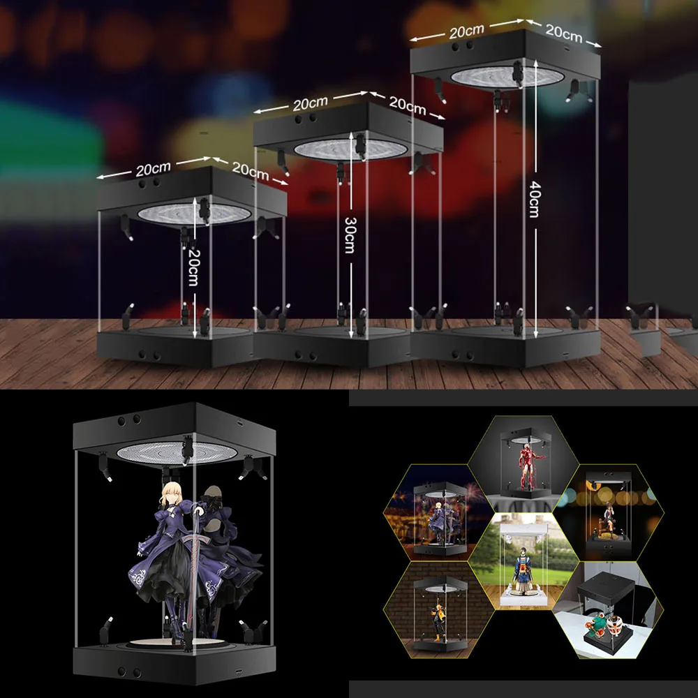 

Mini Anime Soldier Model Display Box Handmade Multifunctional Led Spotlights Turntable Dust-Proof Soil Acrylic Transparent Box