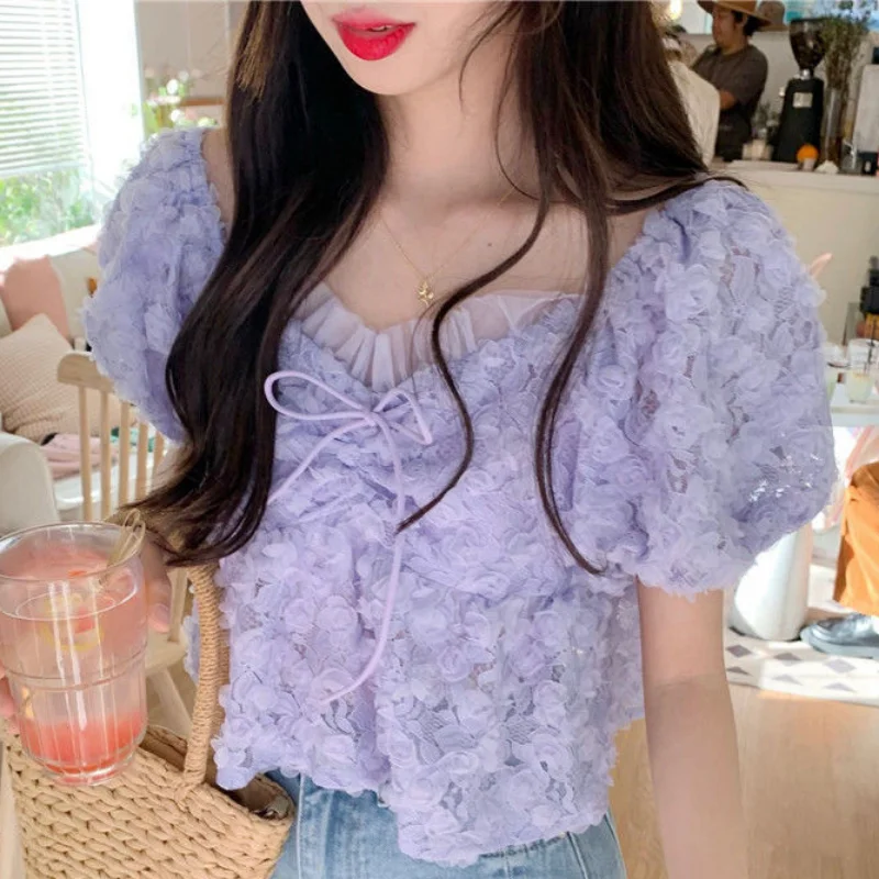 Short Puff Sleeve Blouses for Women Bow Solid Design Crop Tops Sweet Korean Style Fashion Chic Girlish All-match Summer Daily