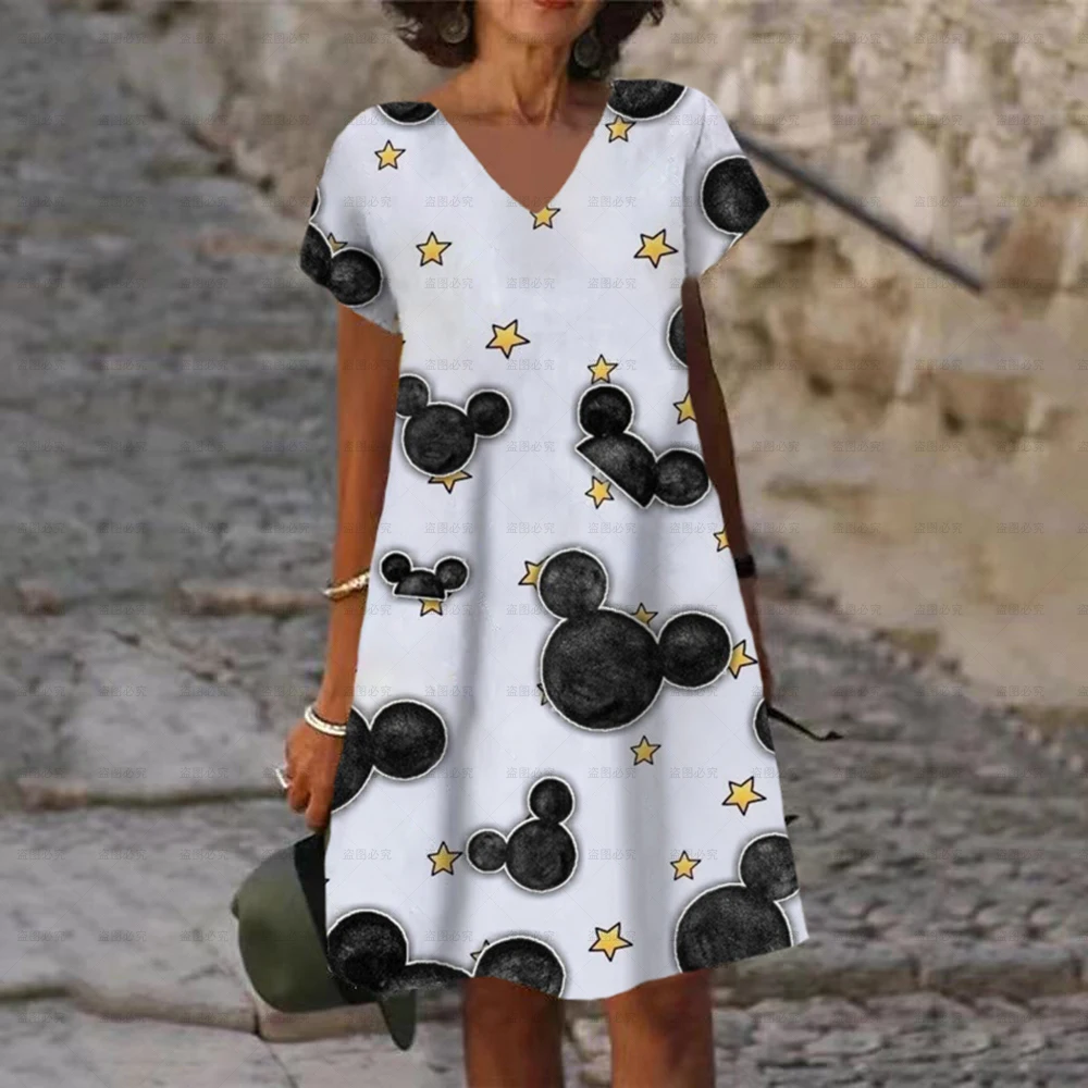 Knee Length V Neck Loosen Vintage Disney Minnie Mickey Mouse Dress 2024 Summer Elegant Women's Floral Printed Painting Dresses