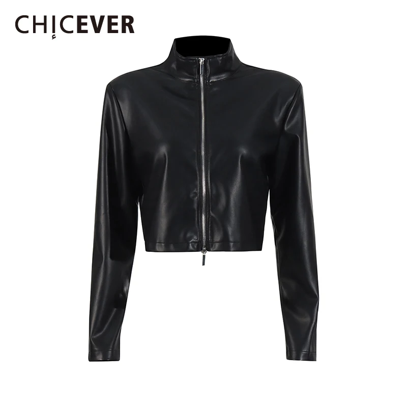 

CHICEVER Solid Slimming Spliced Leather High Street Jackets for Women Stand Neck Long Sleeves Patchwork Zipper Coat Female New