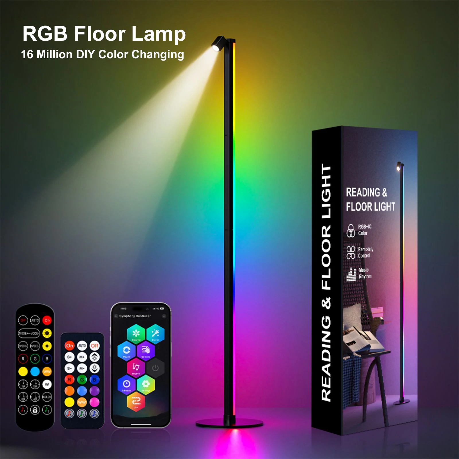 140cm RGB Floor Lamp with Remote Control Music Sync 16 Million DIY Color Changing Reading Lamp For Living Room Bedroom