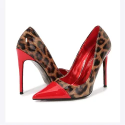 2024 Newly Women Patchwork 12cm Pumps Elegant Glossy Patent Leopard print Stilettos High Heels Pointed Toe Bridemaids Shoe