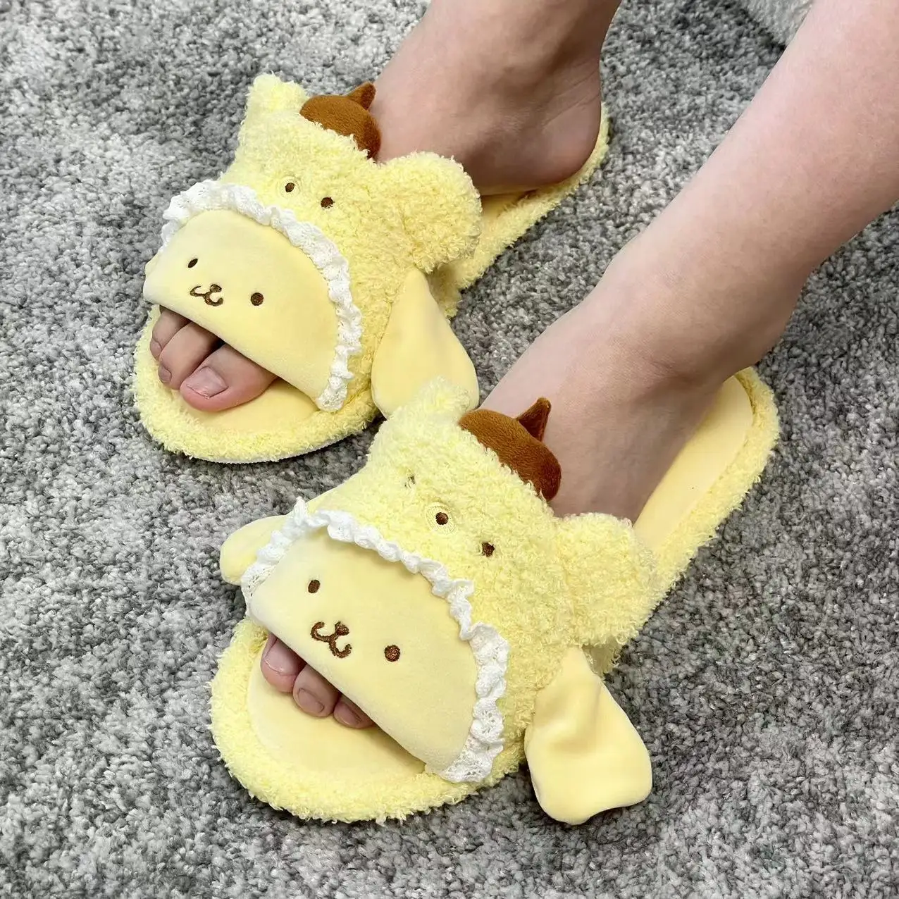 Sanrio Cartoon Open Toe Slippers Kuromi My Melody Pom Pom Purin Indoor Shoes Lovely Cinnamoroll Shoes Flat Girl Summer Autumn