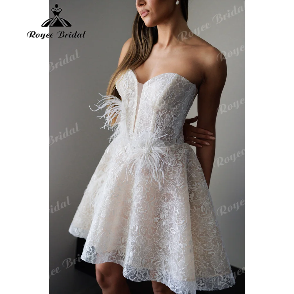 Strapless Sweetheart Floral Lace Mini Wedding Dress Corset Feather Flower Decor Soft Tulle A Line Short Bridal Gown Customized