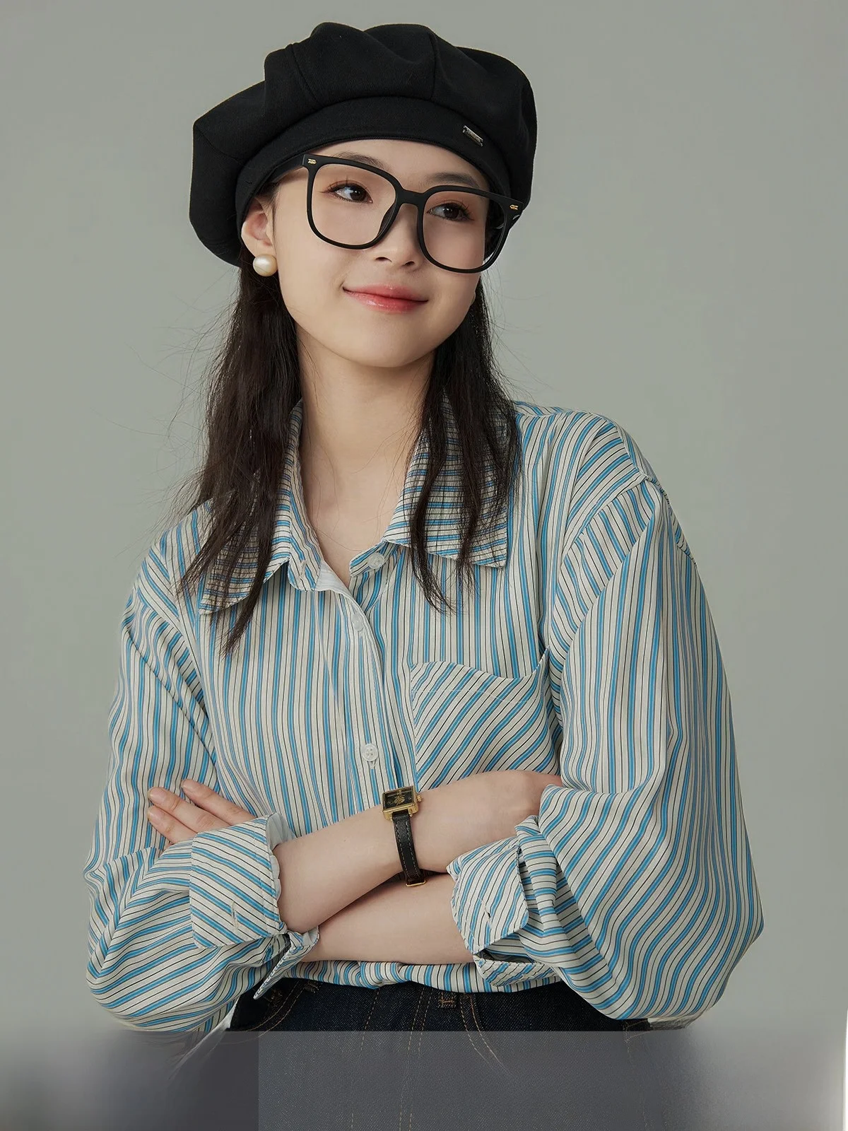 

Женская рубашка JACOOBS в полоску серо-голубого и абрикосового цветов с длинным рукавом, в корейском стиле, свободного кроя, с V-образным вырезом, из полиэстера, для многослойных образов