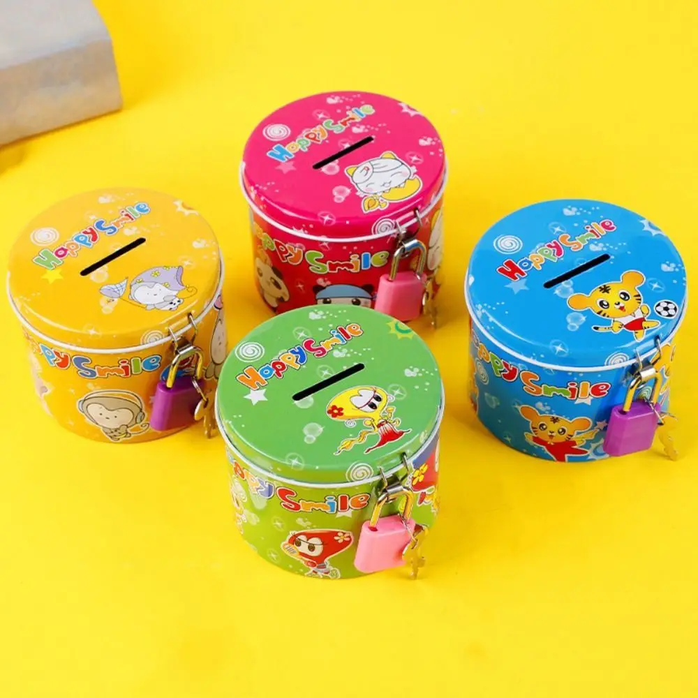 With Lock and Key Tinplate Piggy Bank Cartoon Print Design High Capacity Coin Savings Box Cute Iron Art Storage Jar