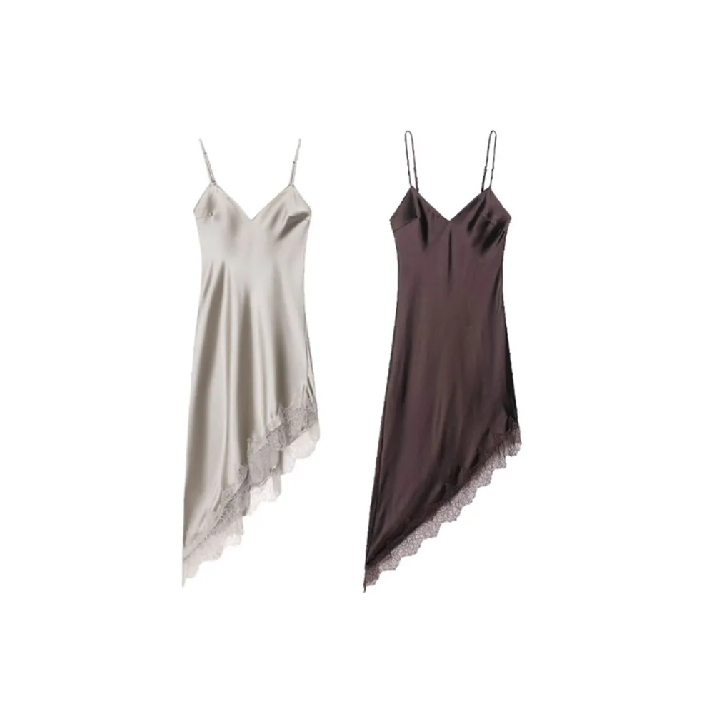 Herbst Neue Damenmode Sexy Spitze Detail Satin Textur Kleid