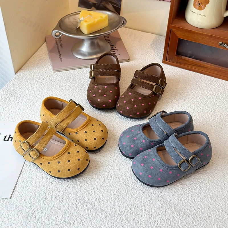 

Girls' Fashion Dot Design Shallow Mouth Suede Single Shoes 2025 Autumn Childrens' Soft Sole Comfortabel Versatile Princess Shoes