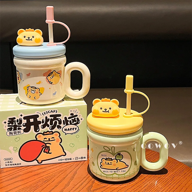 

Керамическая кружка Kawaii Bear Worm с крышкой, чашка для воды для пары, соломенная чашка, домашний подарок для питьевой воды на день рождения для девочек