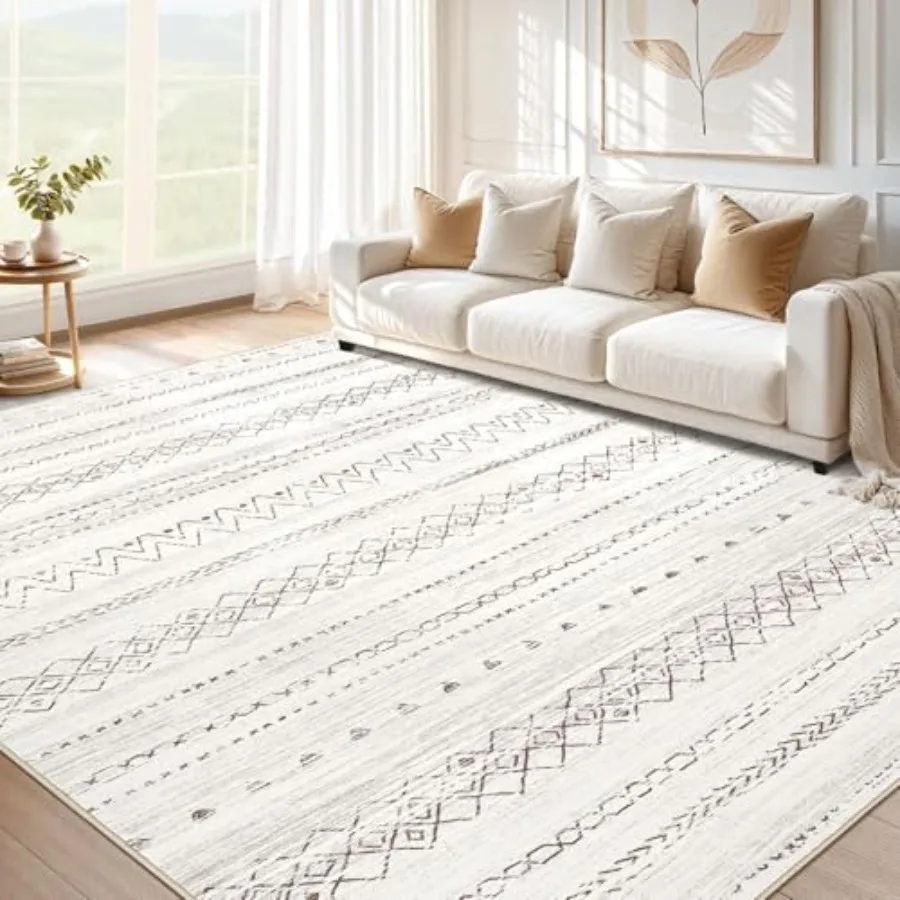 

Large Living Room Area Rug 10x12: Soft Machine Washable Boho Moroccan Farmhouse Rugs for Bedroom Under Dining Table NonSlip Neu