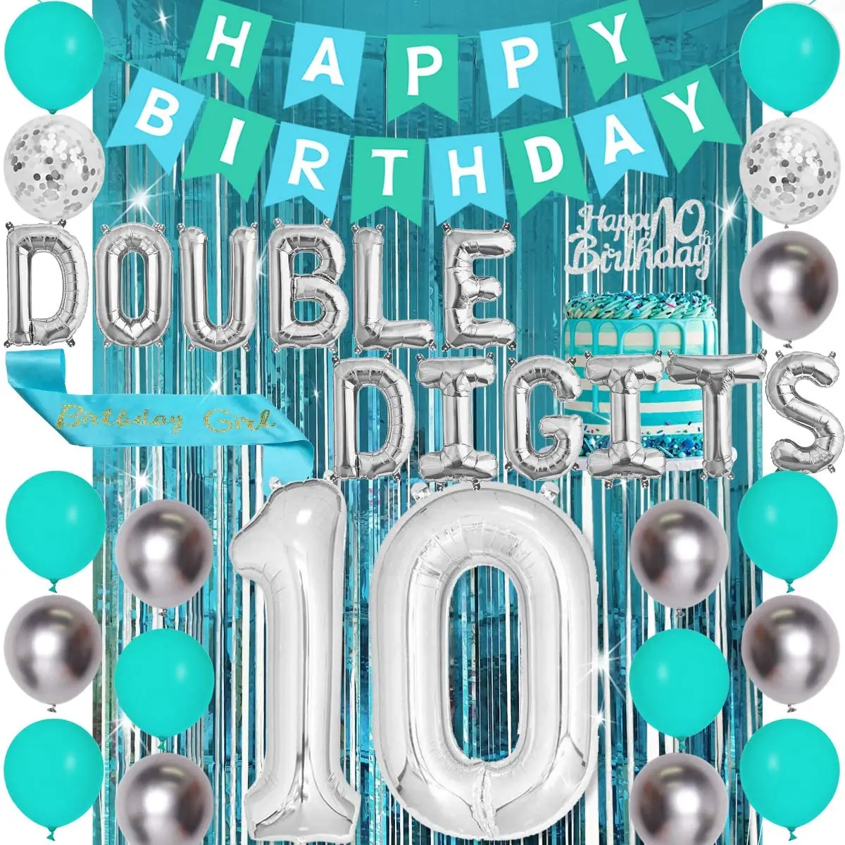 

10th Birthday Party Decoration Teal Double Digits Number 10 Balloon Set Fringe Curtain Banner for Girls 10 Years Old Supplies