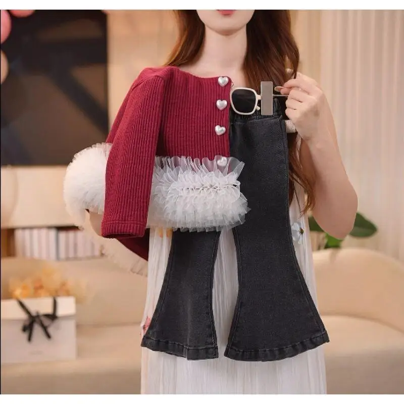2025 New Autumn Girls Red Corduroy Patchwork Puffy Soft Tulle Cardigan Coat Unique Design Fall Outerwear for 2-6 Year Kids