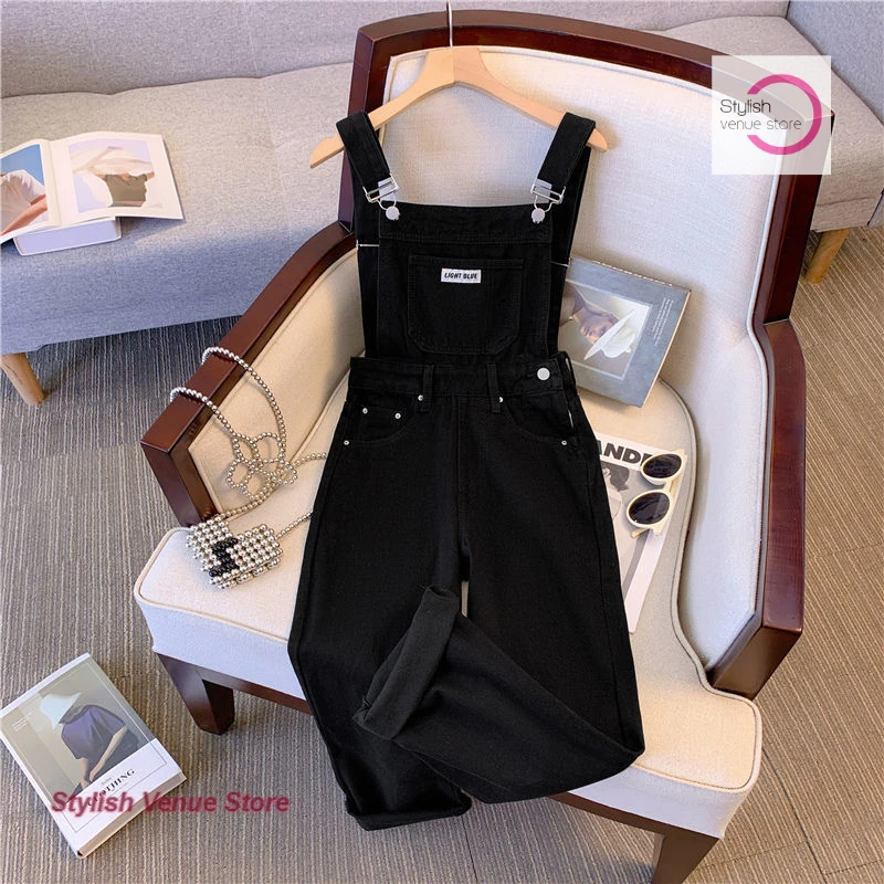 

American black denim bib female summer new fashion temperament high waist loose slim casual age-reducing wide-leg jumpsuit.