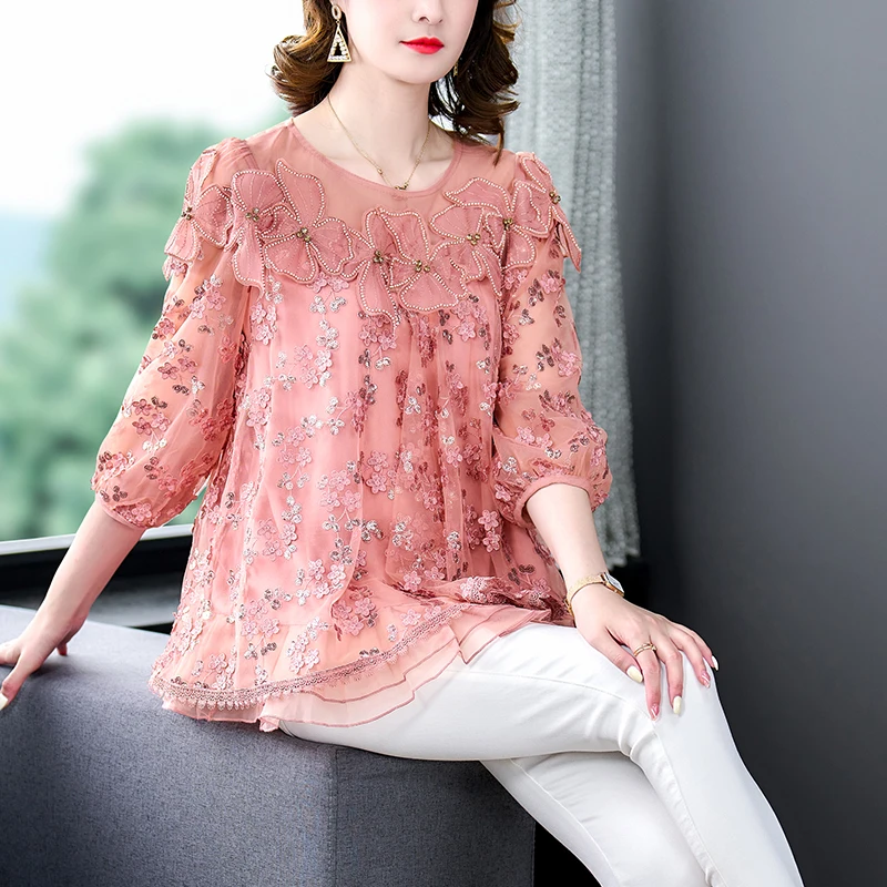 2023 Spring/Summer New Large Silk Mesh Flower Embroidered Doll Neck Shirt Women's Bohemian Slim Sequins 3D Flower Top Shirt