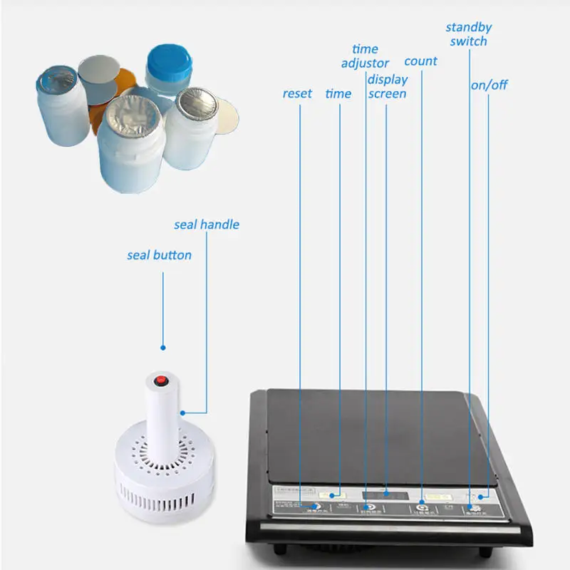 

DL-500E Ручная запечатывающая машина Электромагнитная индукция Микрокомпьютерная запечатка Крышка бутылки для лекарств Уплотнение алюминиевой фольги