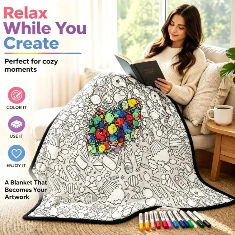 DIY Coloring Blanket with 24 Colored Markers Creative Personalization pattern blanket Stress Relief Unique Paint art Decor Gift
