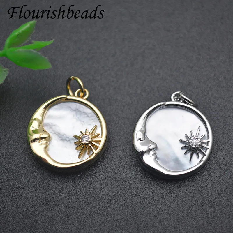 

15mm Gold Plated Paved Real CZ Beads Moon Star Sun Flower Shape Mother of Shell Charms Pendant DIY Quality Jewelry Making