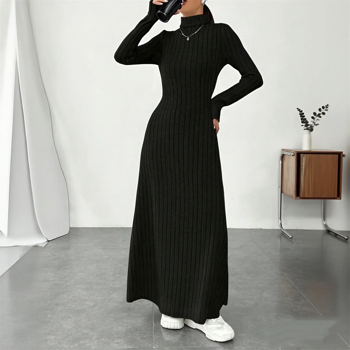 Customization Knitted Elegant Long Sleeve Dress Women 2026 Autumn Winter Vintage Dresses Turtleneck Fashion Solid Vestidos