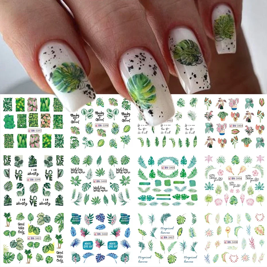 12pcs Summer Tropical Plants Nail Stickers Green Banana Leaves Palm Tree Floral Water Transfer Decals Sliders DIY Manicure Decor