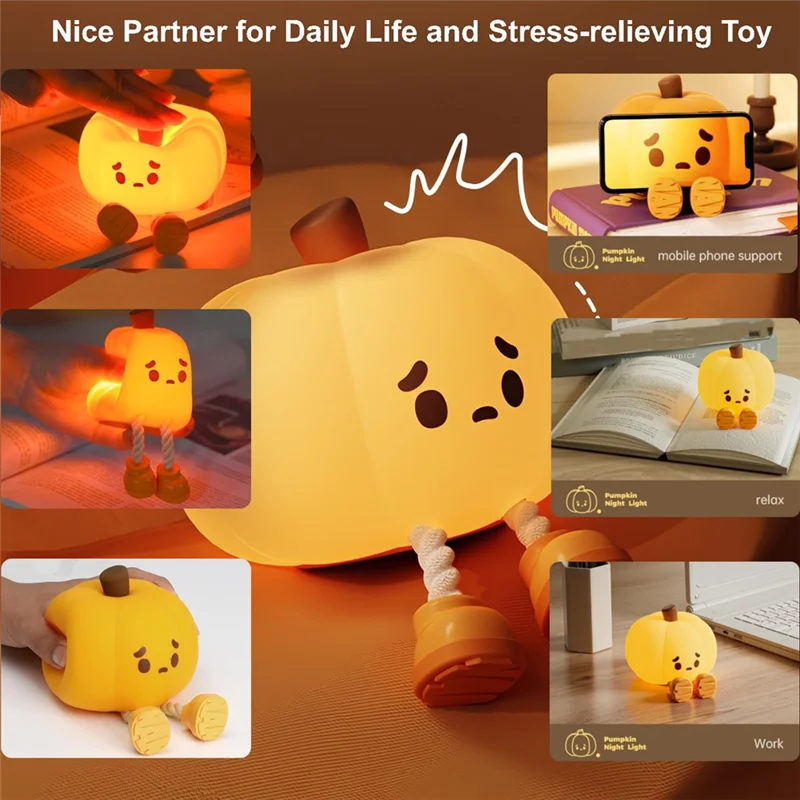 Lampada tattile a forma di zucca con luce notturna a forma di zucca carina di vendita superiore con 3 livelli di luminosità Luce notturna calda ricaricabile in silicone morbido