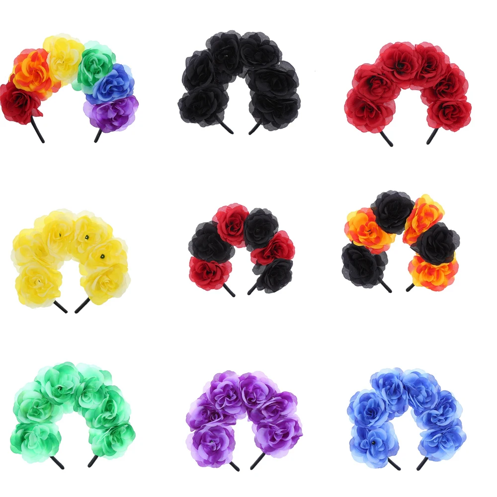 

Womens Mexican Simulated Rose Flower Crown Headband Day Of The Dead Halloween Headpiece Colorful Fake Stamen Party Hair Hoop