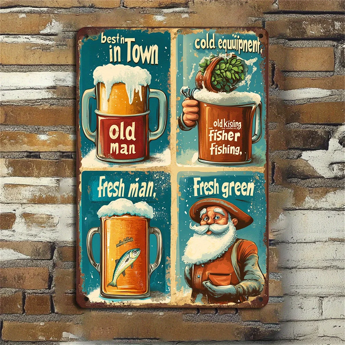 Vintage Tin Painting Wall Decor Cartoon Abstract Beer Bottle Pattern Ideal for Kitchen Cafe Dining Room Garage Size 8X12 Inches