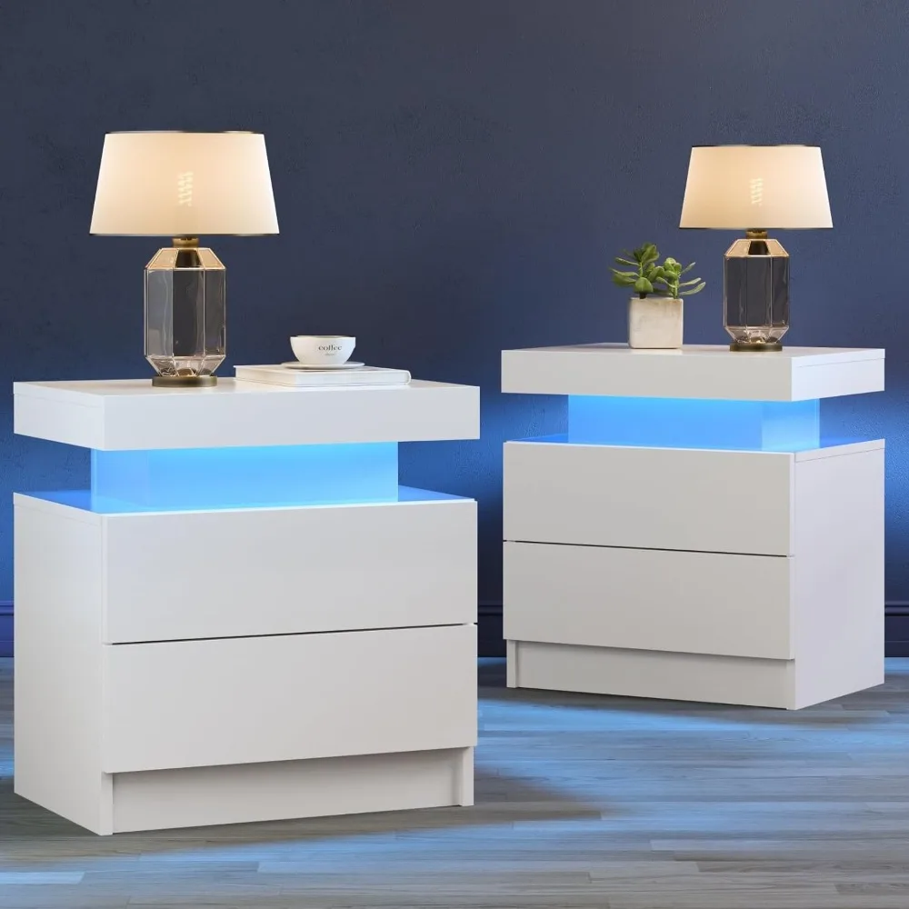 

White Nightstand Set of 2 LED Night Stand for Bedroom White Modern LED Bedside Table with 2 Drawers End Side Table