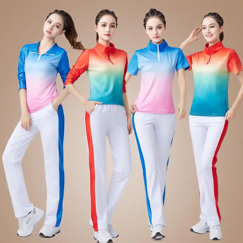 short-sleeve-square-dance-fitness-outfit-set-quick-dry-gradient-fashionable-women's-performance-clothing-milk-silk-fabric