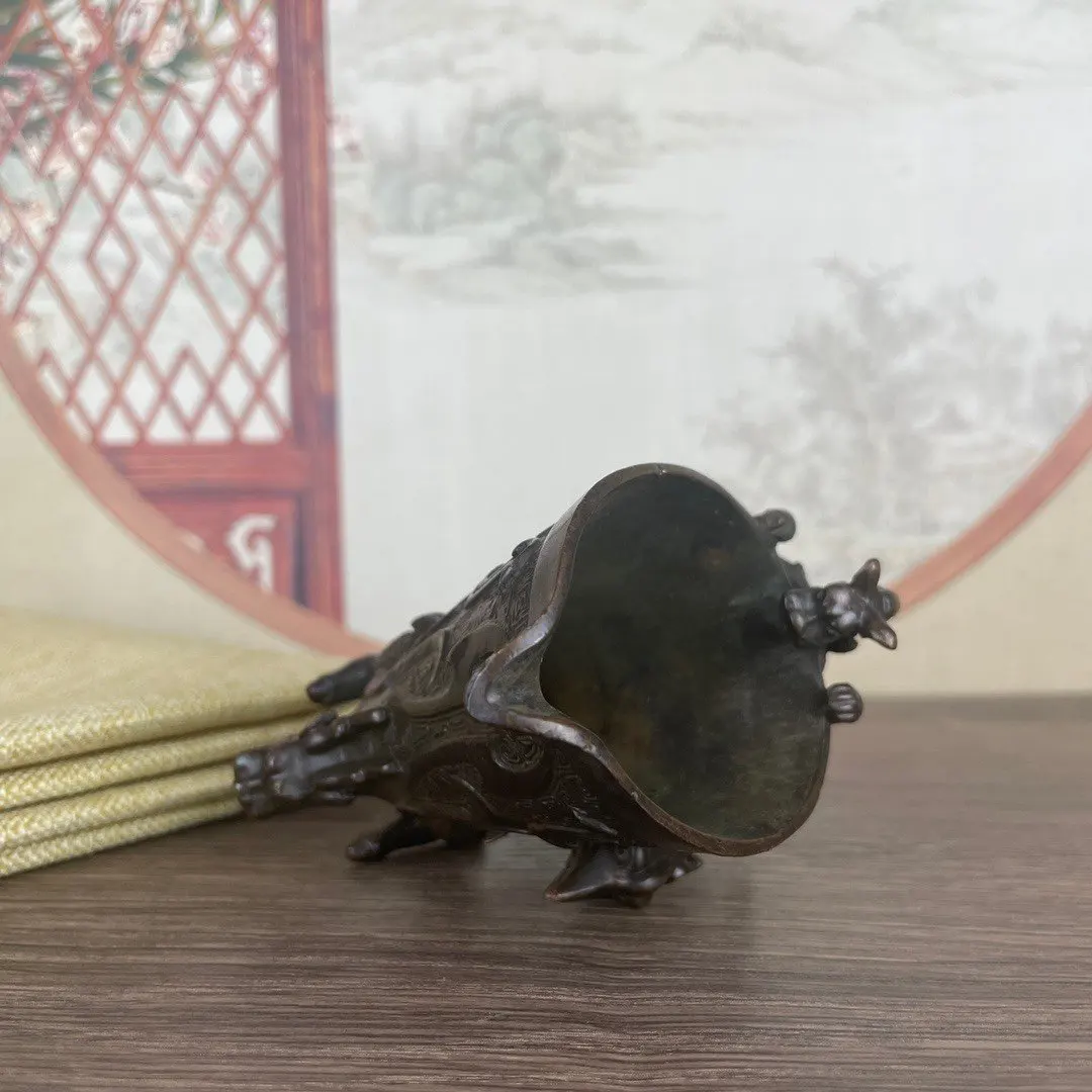 Antique Brass Three Legs Dragon Cup 8.5cmH 7.5cmL Vintage Chinese Bronze Ware Ornament Collectible Figurine