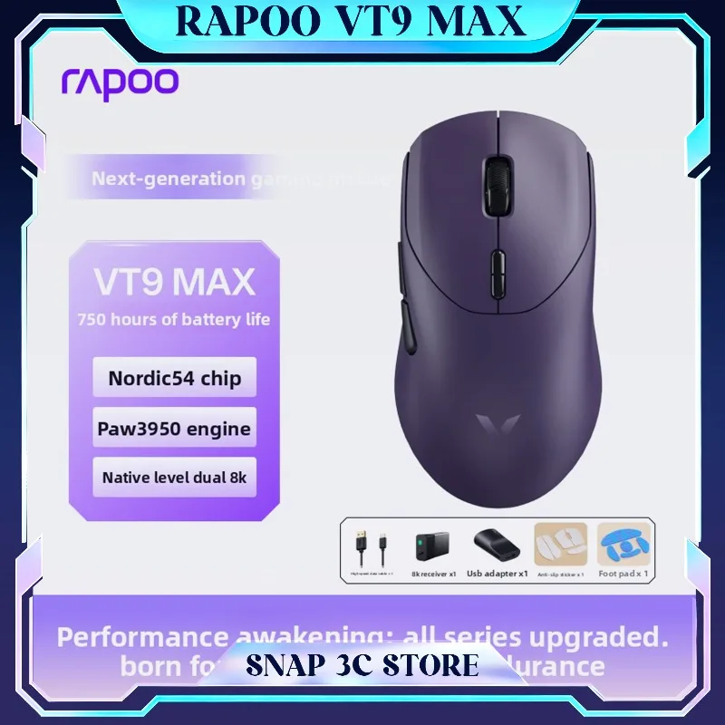 Rapoo VT9 MAX Wireless Gaming Mouse PAW3395 Dual 8KHz Polling Rate 53g Lightweight Ergonomic Esports Mice for Medium Large Hands