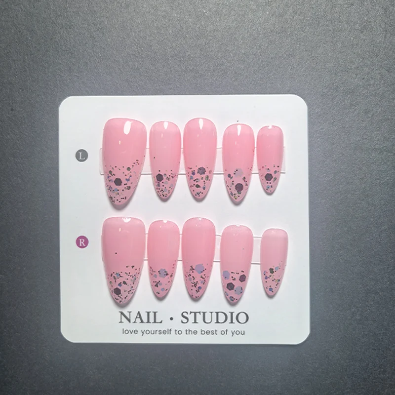 10Pcs 100% Handmade Press on Nails with Coffee and Pink Polka Dots, Glitter Shimmer False Nails, Colorful Dotted Fake Nails - view 5