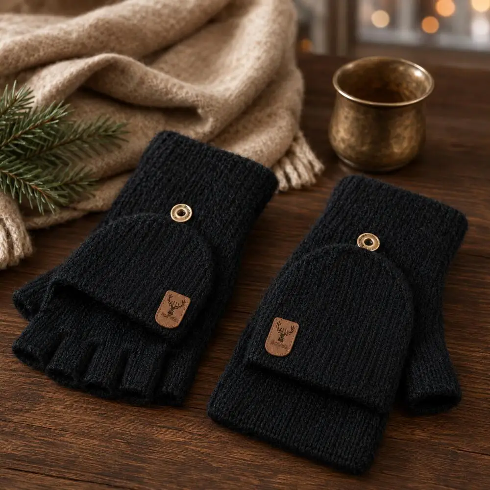 Casual Deer Patch Knit Fingerless Gloves Winter Thermal Half Finger Mittens Flip Cover Design for Daily Work Commute Unisex