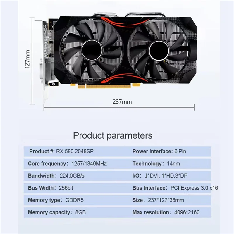 

Новинка — видеокарта RX580 GDDR5, 8 ГБ, 1257 МГц, 1340 МГц, 256 бит, DVI + HD + DP, PCI E, 3,0 X16, 4096X2160, видеокарта