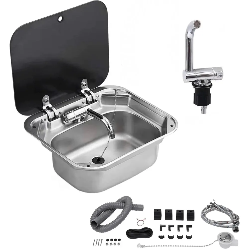

Undermount RV Bar Kitchen Sink Workstation with Folding Faucet A and lid, 304 Stainless Steel Single Bowl Hand Wash Basin