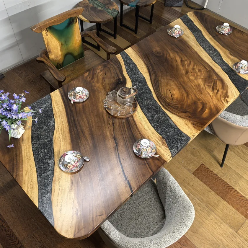 River Table European Epoxy Resin Solid Wood Splicing Dining Table Dining Table Creative Art Furniture Dining Epoxy Resin Large