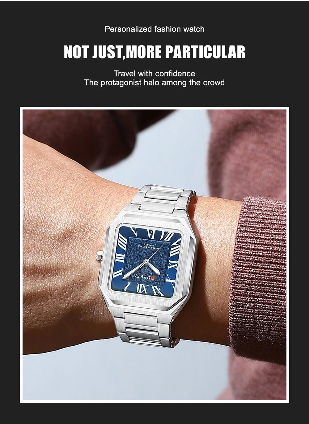 CURREN Minimalistische Eleganz Herren-Quarzuhr Quadratisches Zifferblatt mit Leuchtzeigern Edelstahlarmband Moderne Klassische Armbanduhr – Detail 8