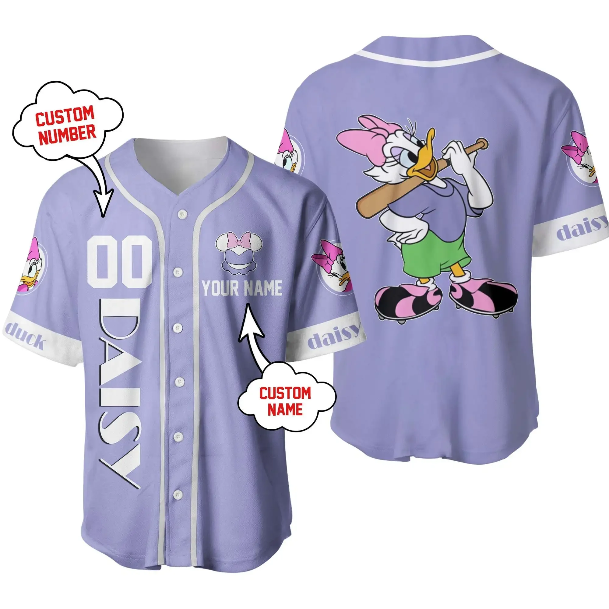 Custom Name Daisy Duck Baseball Jersey Men Women Short Sleeve Jersey Disney Baseball Jersey Casual Sports Baseball Jersey