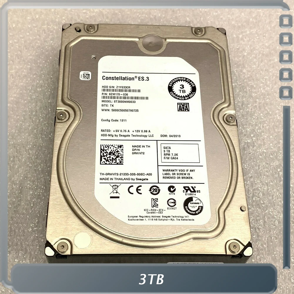 3TB For Dell  SATA 7200 RWV72 3T 0RWV72 ST3000NM0033 Server Hard Disk