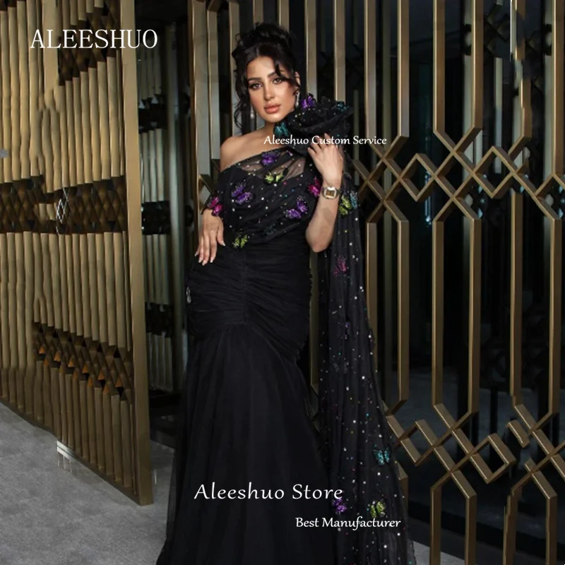 Aleeshuo-vestido De fiesta De sirena negra exquisita, apliques De tul De un hombro, mariposa, Arabia, Dubai, Vestidos De Noche