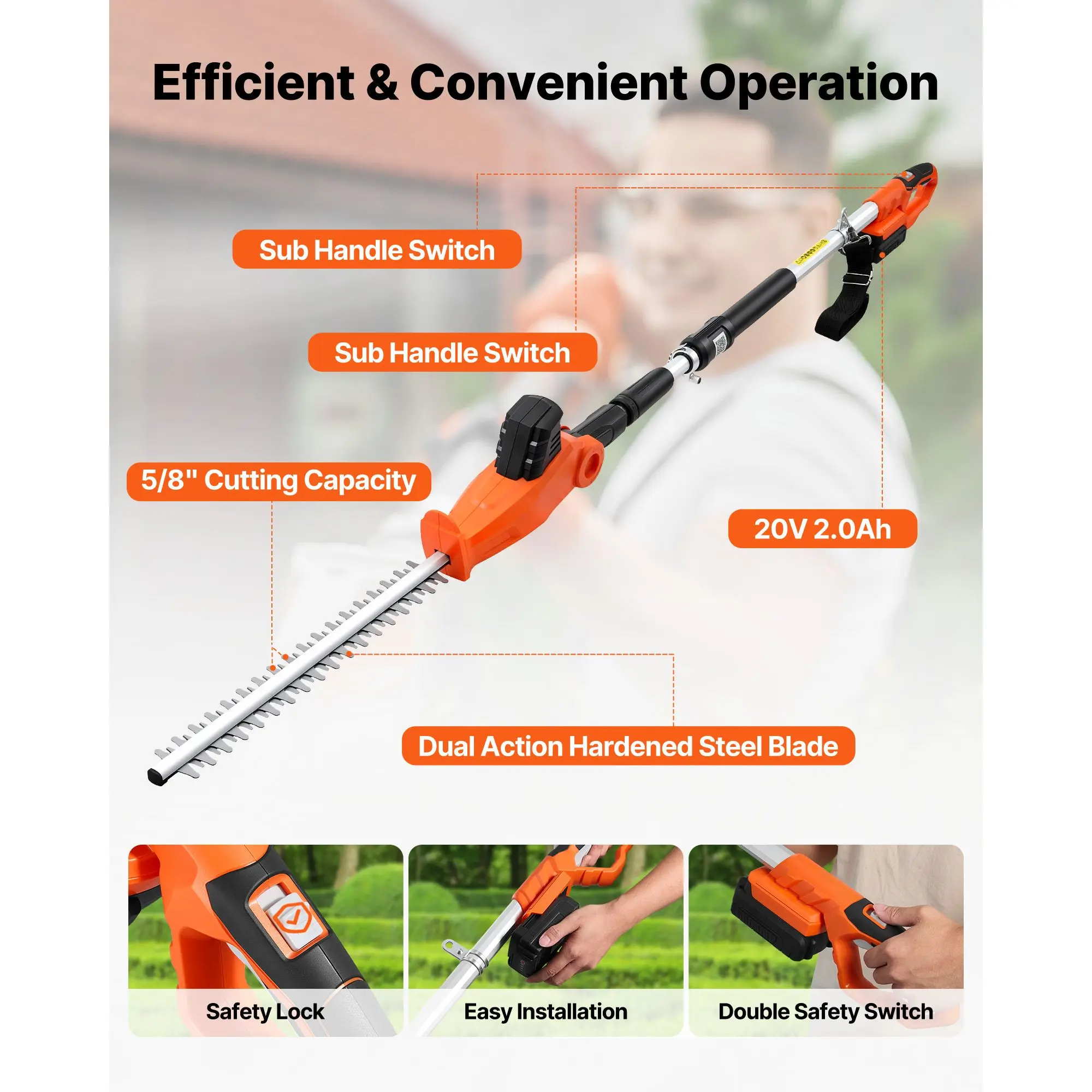 Cordless Pole Hedge Trimmer, 20V Electric Bush Trimmer Kit with 18 Inch Double-Edged Steel Blade, 74-94 Inches Telescoping Desig