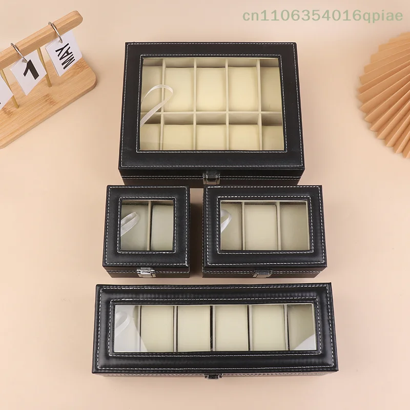 （Summer4）1 Pc Black PU Leather Watch Box Display Case Organizer With Framed Glass Lid And Removable Pillow For Men And Women