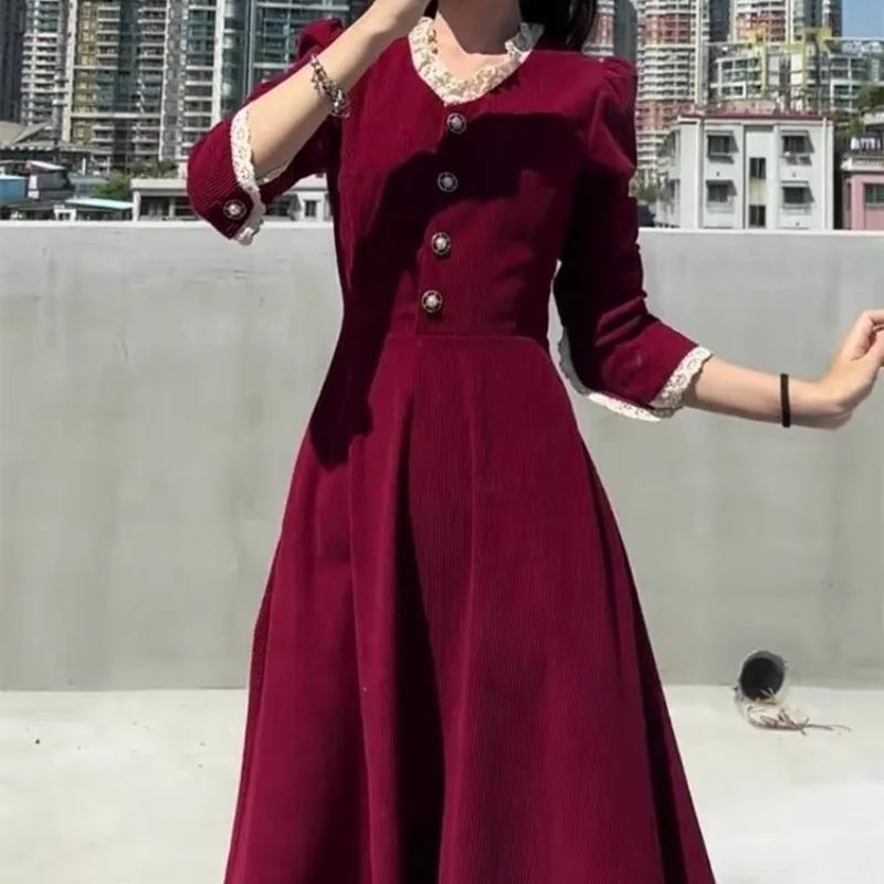 Estilo francês sólido midi vestidos femininos hepburn outono inverno elegante vintage rendas retalhos moda temperamento streetwear chique