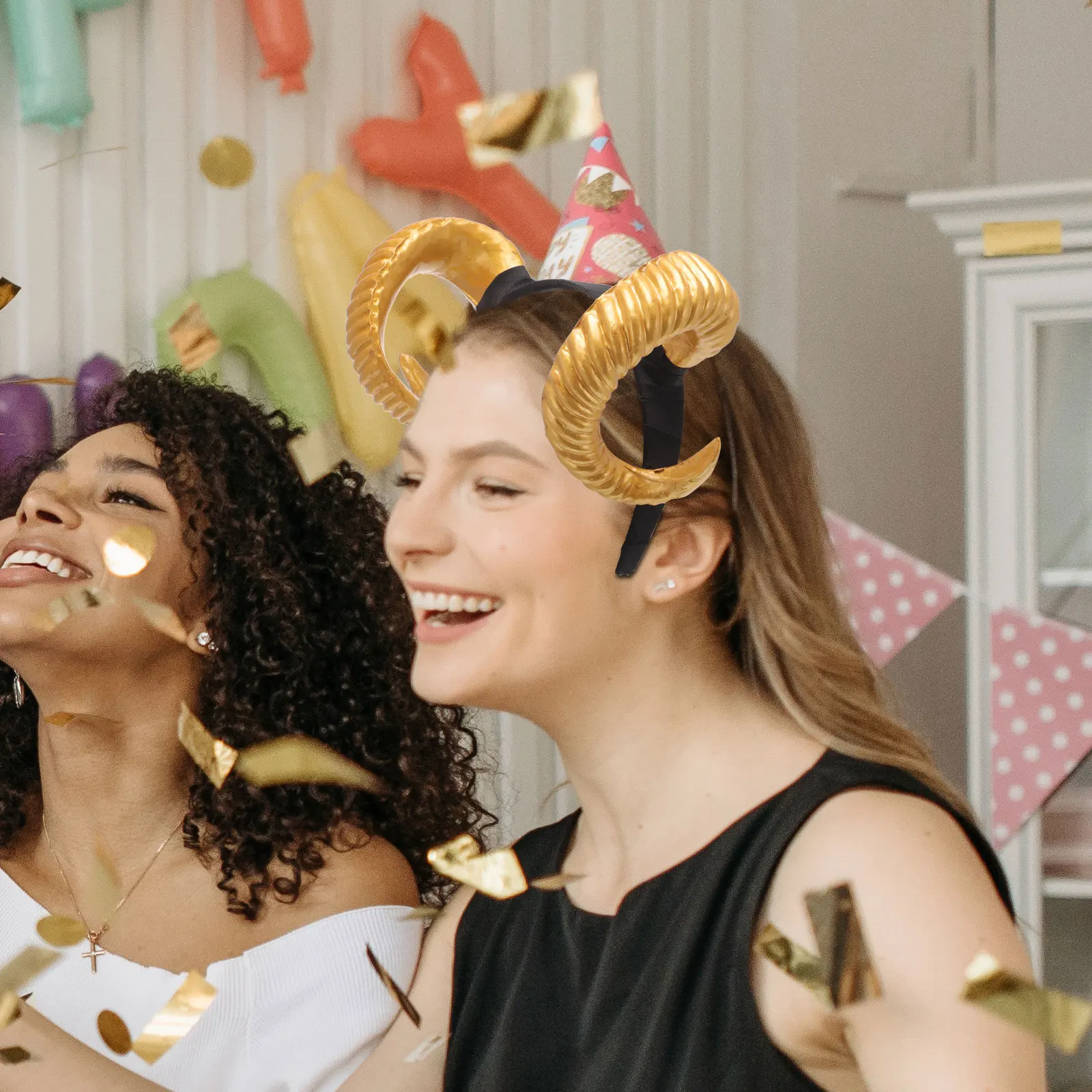 

Gold Horn Headband Hair Hoops Wide Edge Christmas Headdresses for Women Party Supplies Cosplay Photo Props Anti Slip Lightweight